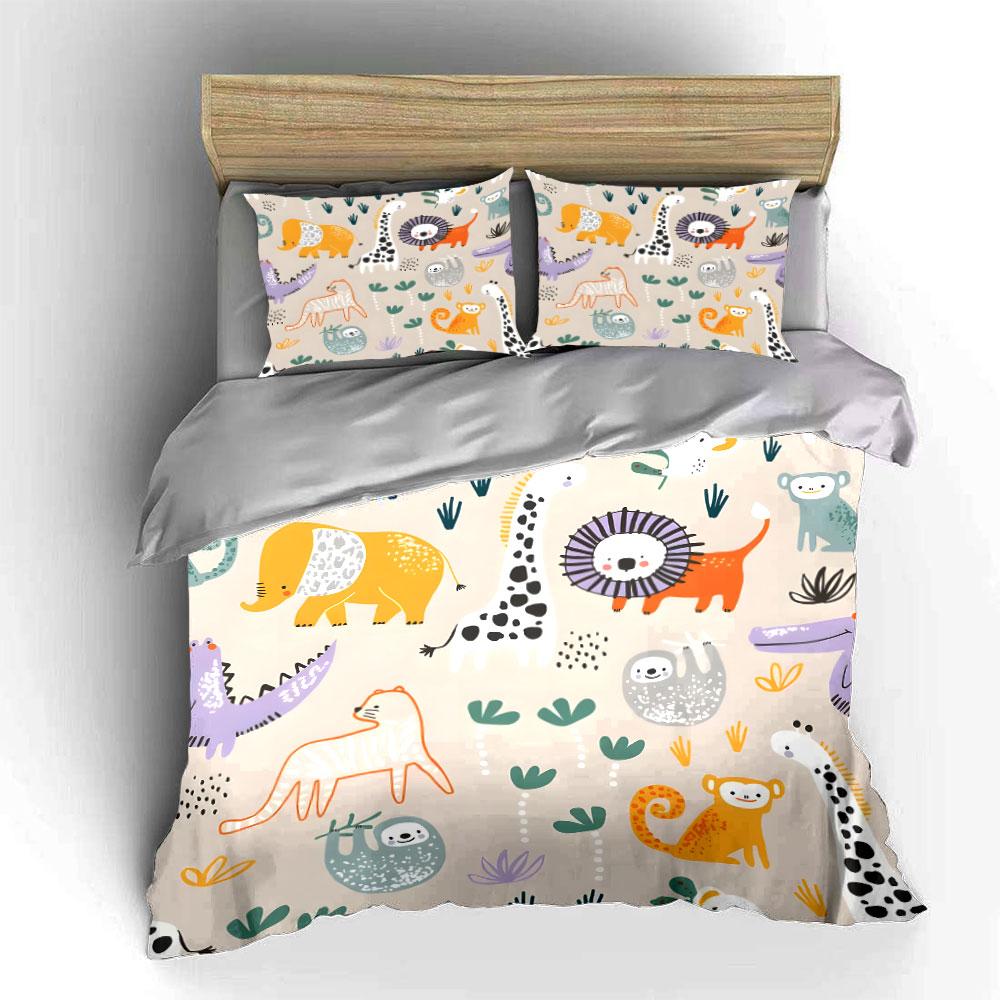 Cute Jungle Animals Pattern Bedding Duvet Cover Set (1*Duvet Cover 2*Pillowcases, without duvet insert)