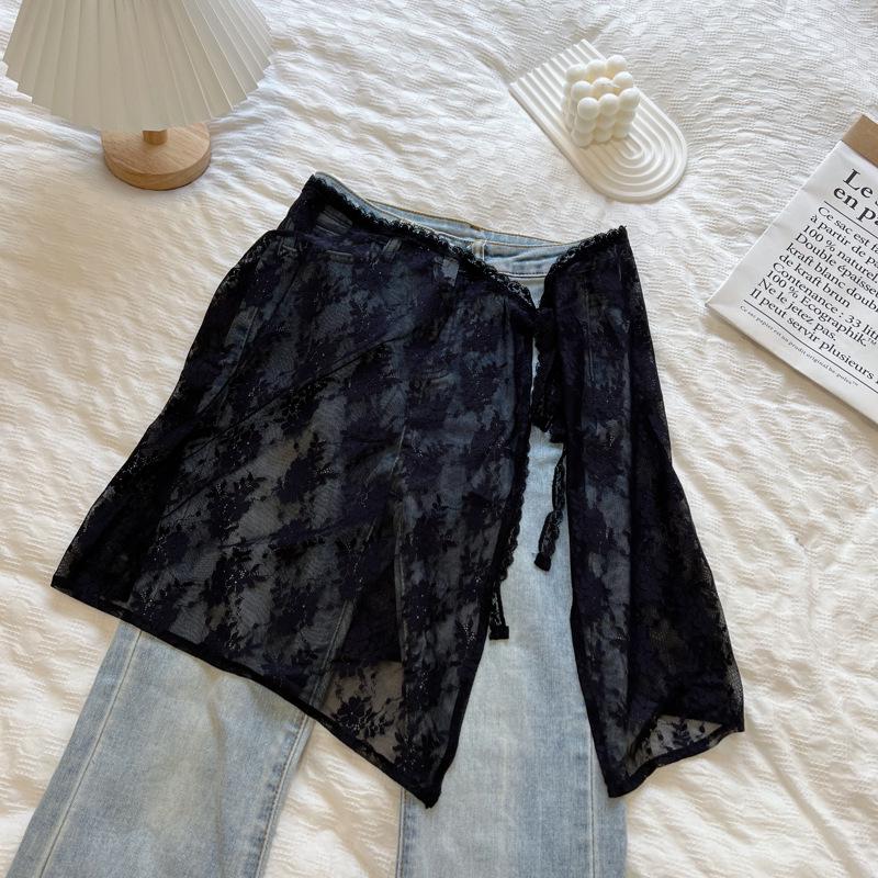 Корейская юбка из кружевного тюля с оборкой-фартуком и завязками