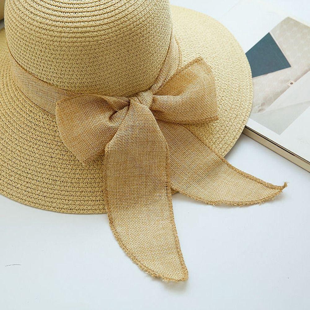 Beach Cap Sunscreen Bowknot Ribbon Flat Hat British Style Sun Hat Top Hat Straw Hat Weave Sun Cap