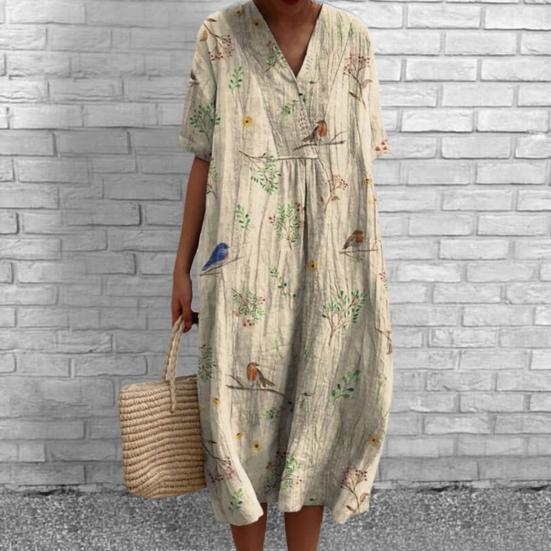 Женское платье с цветочным принтом, платье с коротким рукавом и v-образным вырезом, летнее повседневное платье трапециевидной формы, пуловеры в богемном стиле, платье для вечеринки, повседневная одежда, отпуск