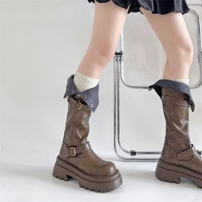 Ретро, но до колена сапоги на толстой подошве для женщин 2025 года новые осенние и зимние взрывы показывают худобу, небольшой рост, рыцарские сапоги