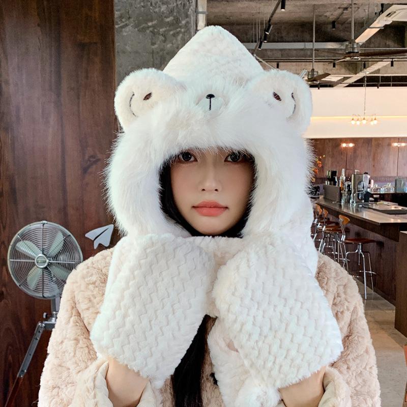 Плюшевая шапка, шарф, перчатки, интегрированная шапка, женская милая модная шапка-пуловер с защитой ушей, зимний теплый и холодный комплект из трех предметов