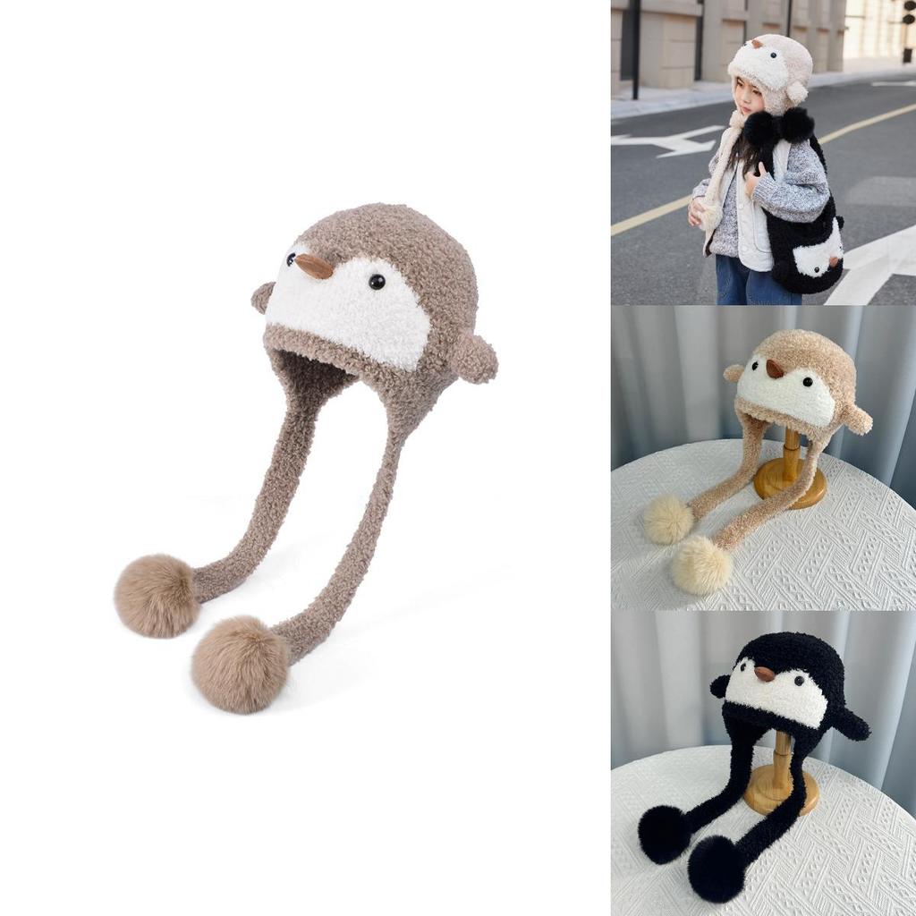 Детская милая вязаная шапка-бини с пингвином из пушистого полиэстера для холодной погоды и тепла для головы