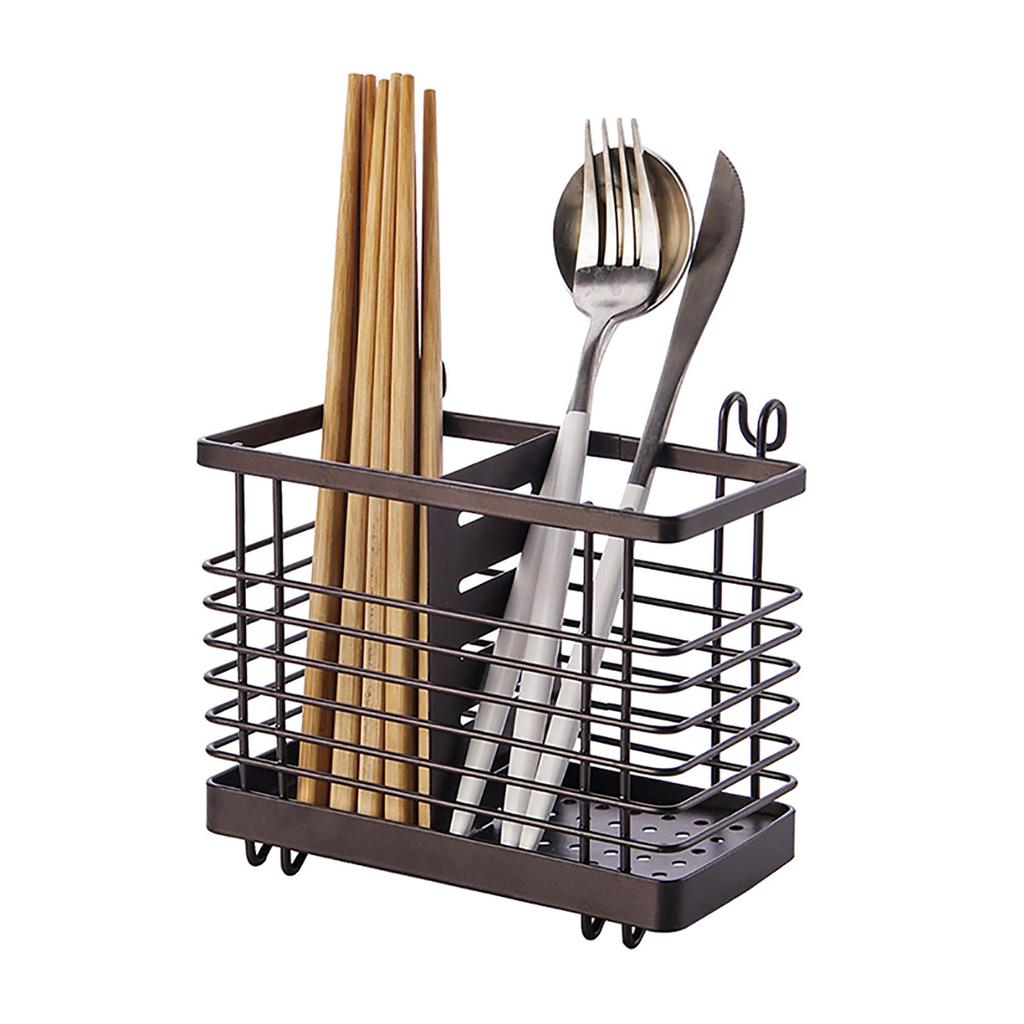 VANRA Chopstick Holder Cutlery Stand Drainer Holds Spoons and Forks Stainless Steel 2 Compartments with Hook (Brown)