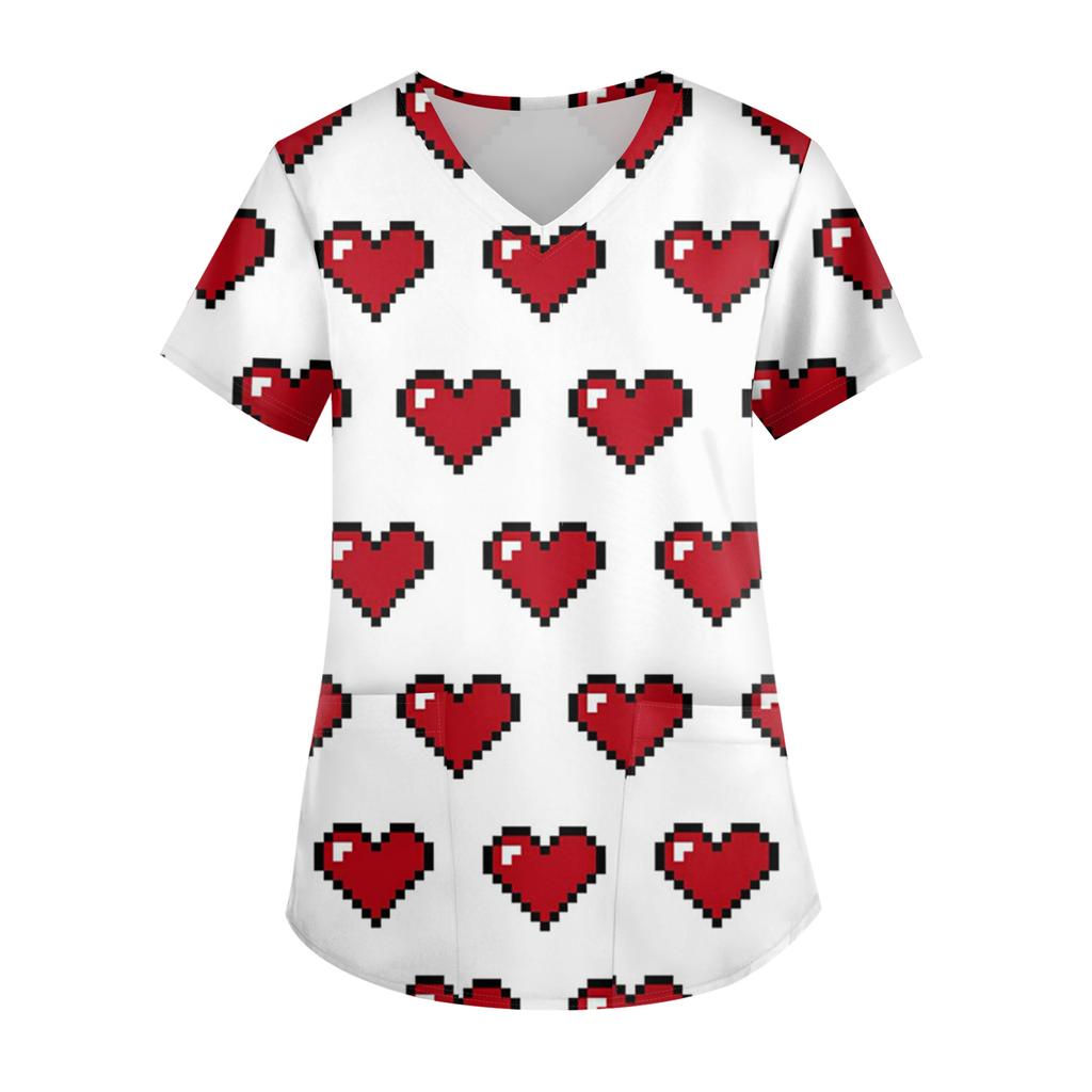 Женская модная футболка с V-образным вырезом, карманом и короткими рукавами с принтом ко Дню святого Валентина, униформа и топ для воспитателя