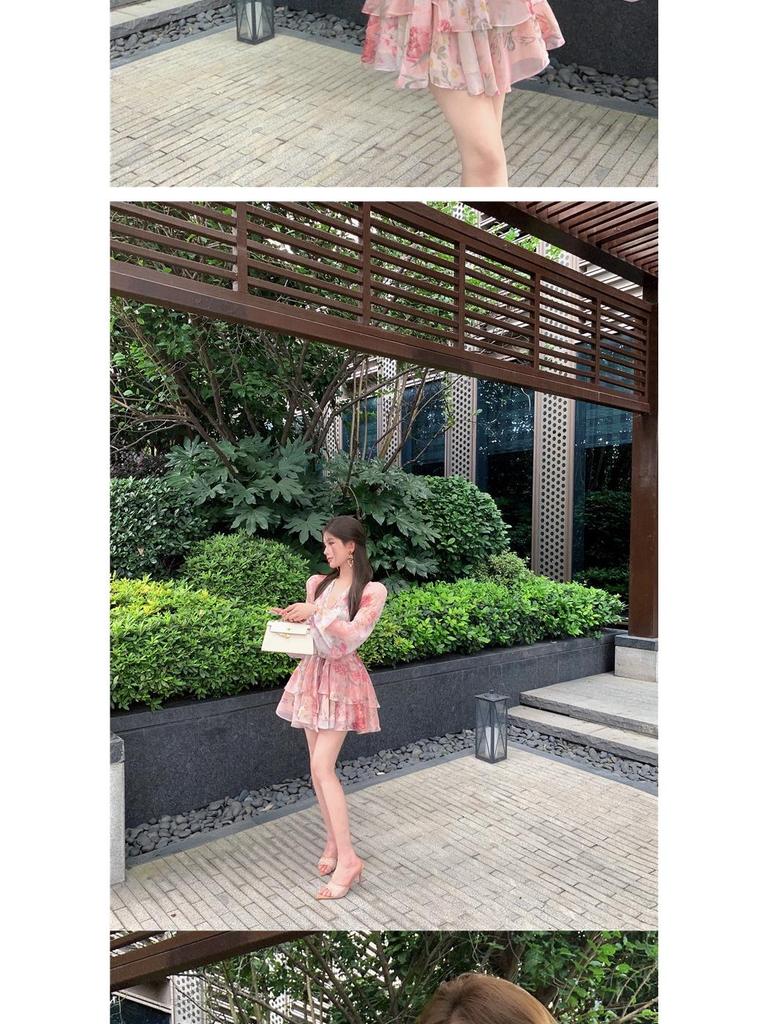 Elegant V-Neck Floral Tie-Up Dress with Cinched Waist – A Versatile, Fashionable Slim-Fit Short Skirt for Women