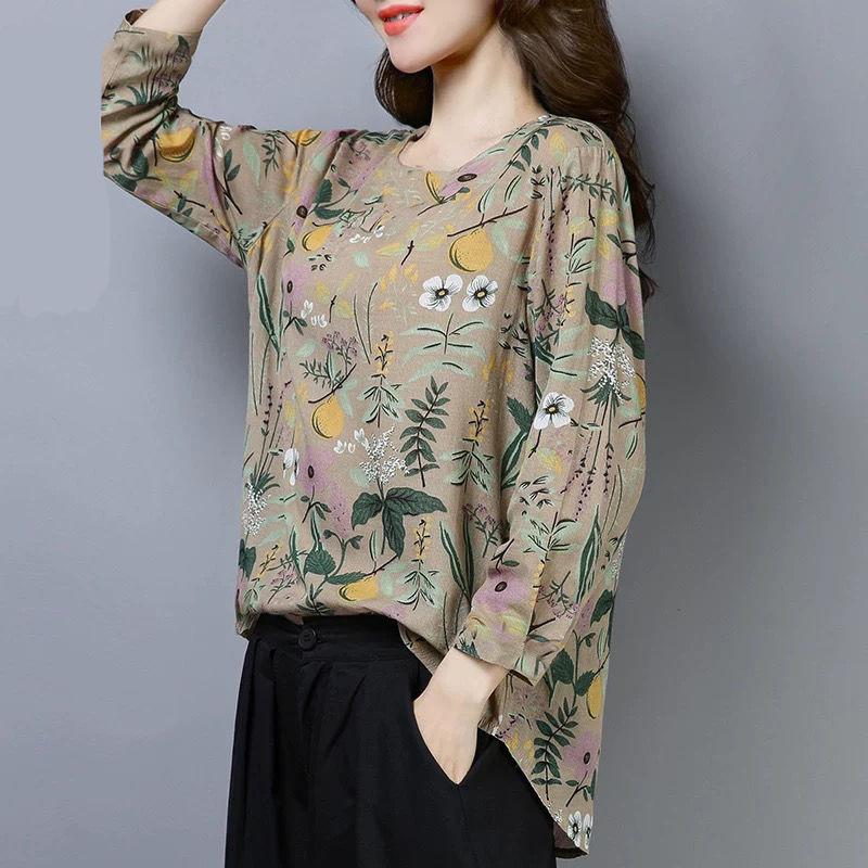 Floral Long-sleeved T-shirt Women's Spring and Autumn Models, Large Size Middle-aged Mothers, Western-style Bottoming Shirt, Literary Style Tops