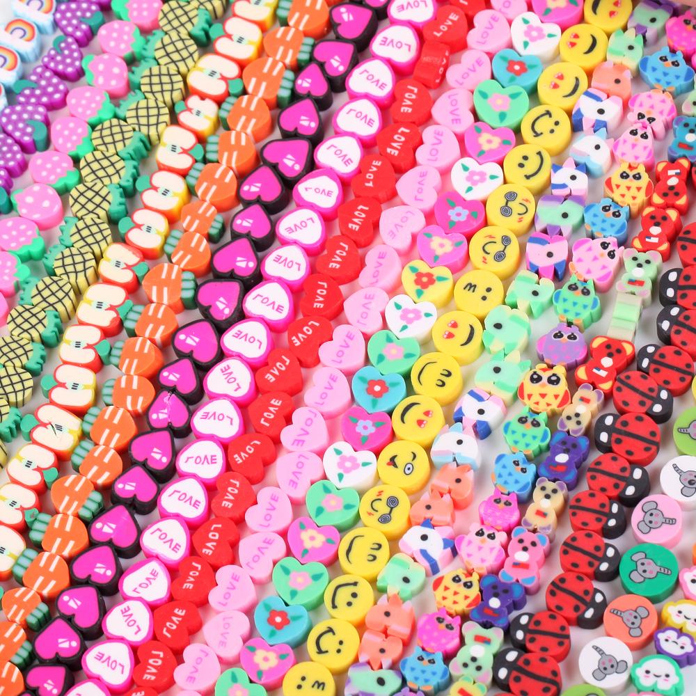 50-100 шт., бусины из полимерной глины с животными, фруктами, цветами, свободно расположенные детские украшения, изготовление браслетов, ожерелья, аксессуары