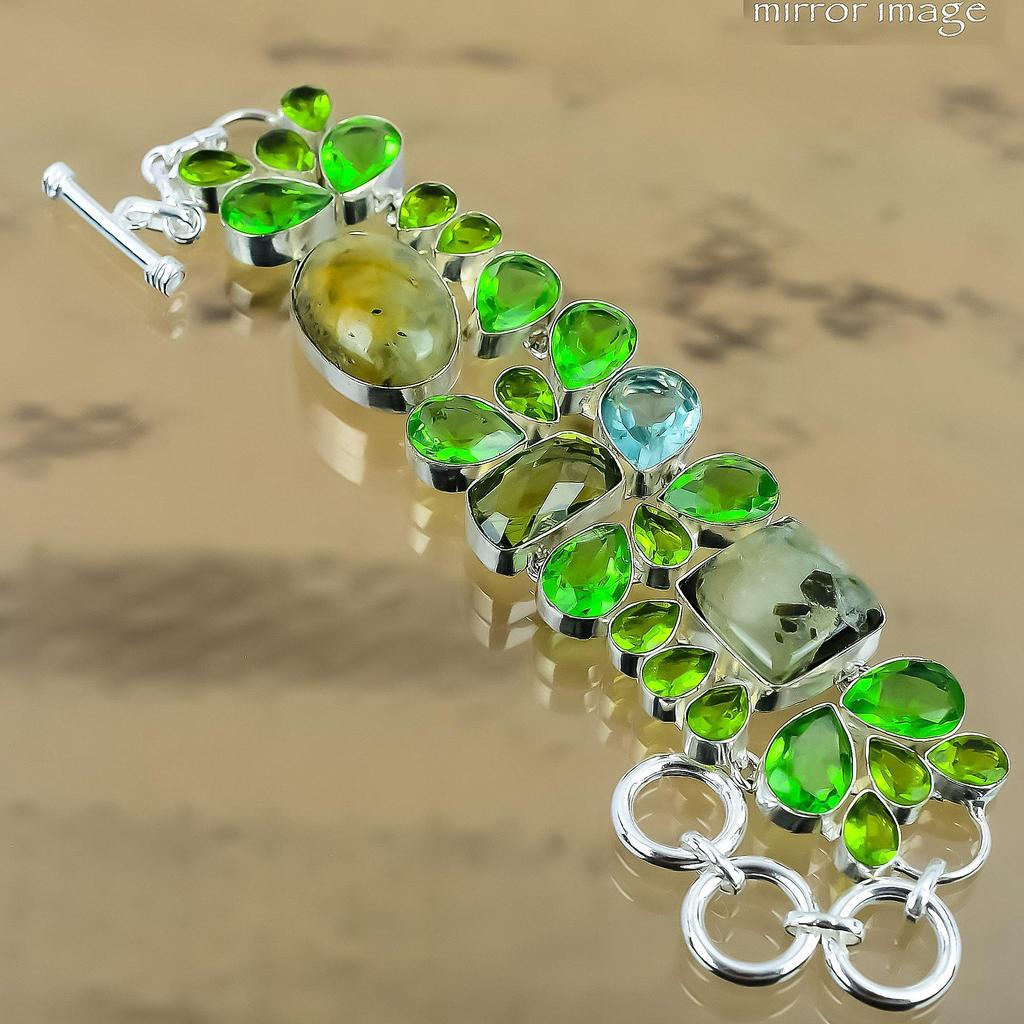 Birthday Gift For Her Natural Moss Prehnite Chain Adjustable Bracelet 925 Silver