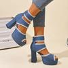 2025 Summer New Women's Cover Heel Sandals with Platform Back Zip Ankle Wrap Denim Dress Party Plus Size Shoes for Women