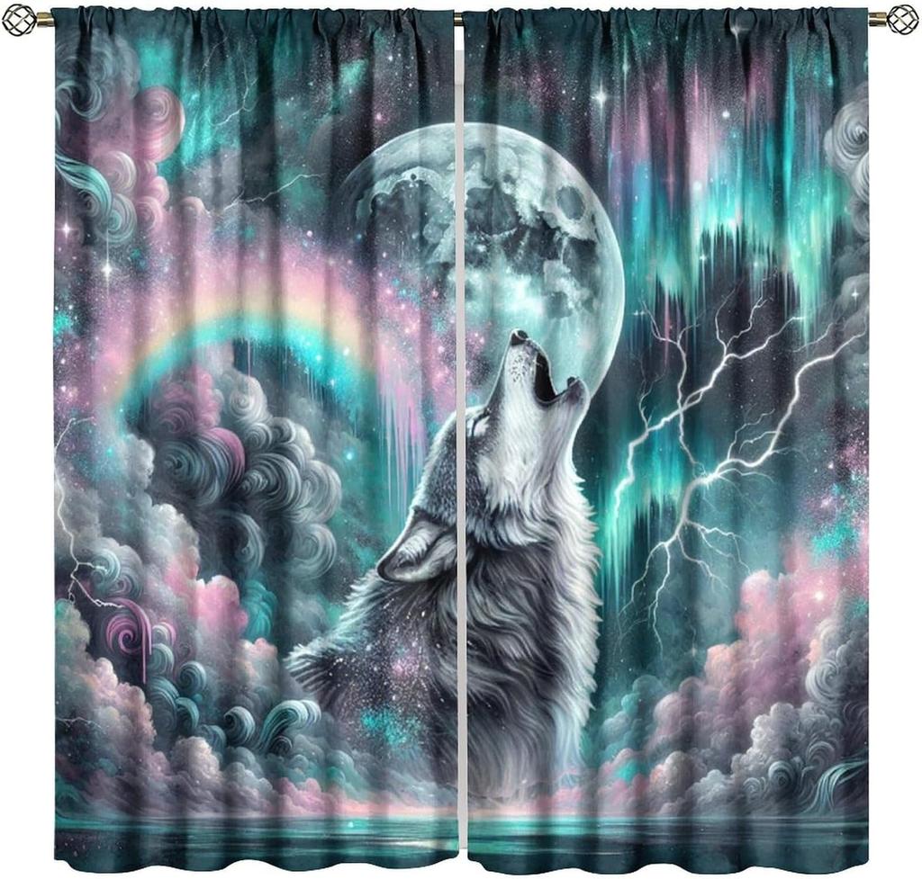 Fantasy Wildlife Wolf Curtains Cool Galaxy Misty Forest Wolf Dreamcatcher Window Treatment for Kids Boys Bedroom Game Room