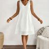 A-line Summer Casual Skirt Embroidery Mid Dress Fashion V-Neck Lace Dress  Beach Vacation