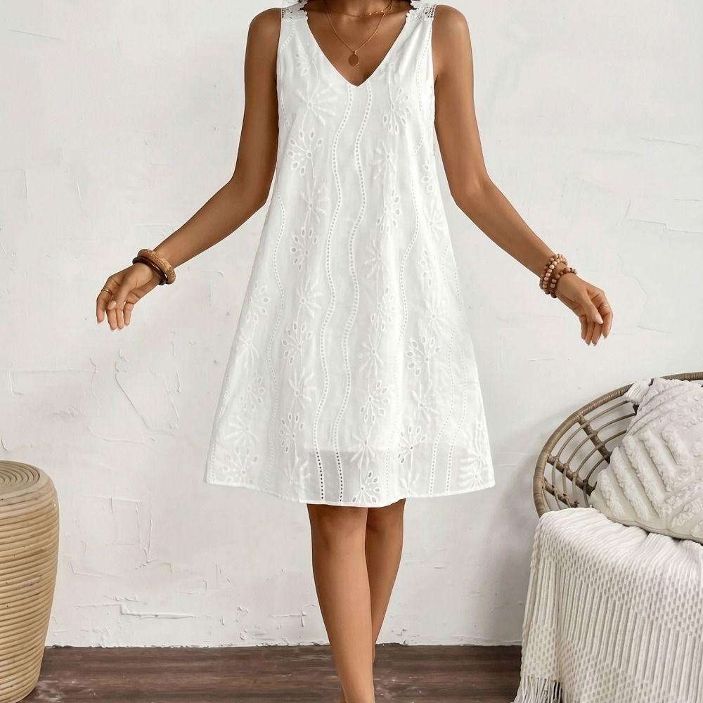 A-line Summer Casual Skirt Embroidery Mid Dress Fashion V-Neck Lace Dress Beach Vacation