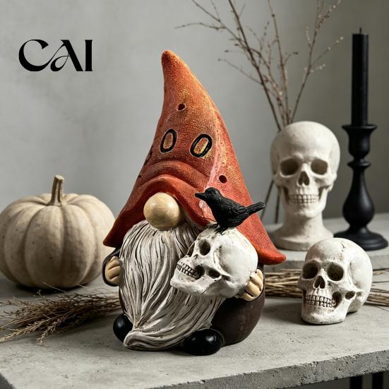 Desktop Wizard Hat Decorations Halloween Gnome Statue, EEK BOO Resin Elf Dwarf Figurine with Pumpkin Cute Desk Accessories Crow Skull, Spooky Tabletop