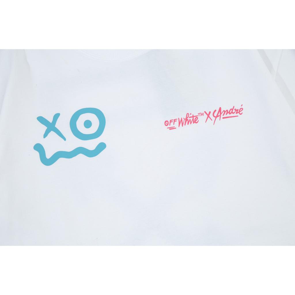 Off-White 2025 Лето Новинка Синий смайлик граффити нарисованные от руки буквы большой логотип принт Классическая футболка с коротким рукавом Парная футболка