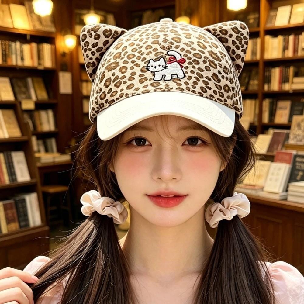 Милая Регулируемая Бейсболка Леопардовый Принт Мультяшная Вышивка Шляпа с Козырьком Кошачьи Уши Шляпа для Защиты от Солнца Летняя