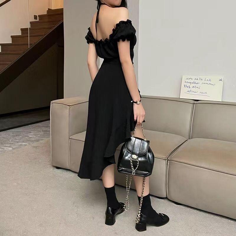 Летнее черное платье А-силуэта для женщин в уличном стиле, сексуальное платье с открытыми плечами, короткими рукавами, оборками, платья средней длины, элегантное платье для вечеринки в клубе