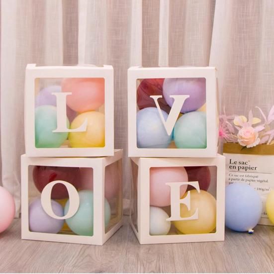 Balloon Box Reusable Clear Paper Box with Letter Stackable DIY Assembly 25 X 25cm Cube Box for Graduation Wedding Birthday Party Decor