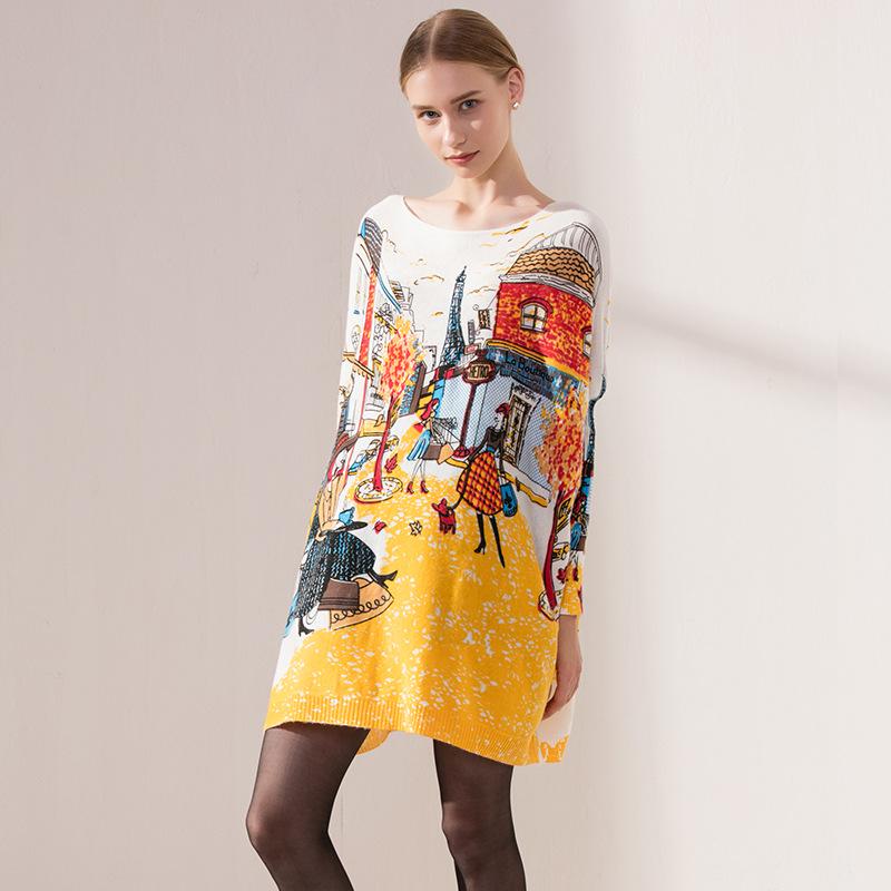 QICED Весна и осень Большие размеры Женский рукав летучая мышь Женский одинарный джемпер свитер с принтом Женское платье
