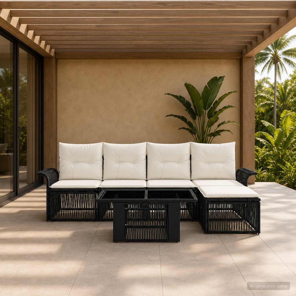 Garden Sofa Set 6 pcs Black and Cream White Poly Rattan