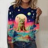Топы на весну и осень с принтом горного кота, круглым вырезом и длинным рукавом, футболка, осенний повседневный тонкий пуловер, женский топ с длинным рукавом