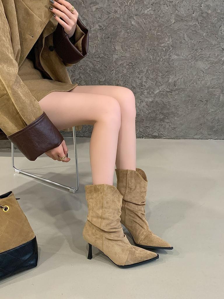 Туфли-стилетто с французским темпераментом, леопардовым принтом, остроносые короткие ботинки, женские ботинки, осень 2025, новые замшевые ботинки средней длины с присборенным голенищем