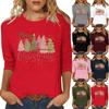 Women's Fashion Casual Three-quarter Sleeve Christmas Print Crewed Neck Top