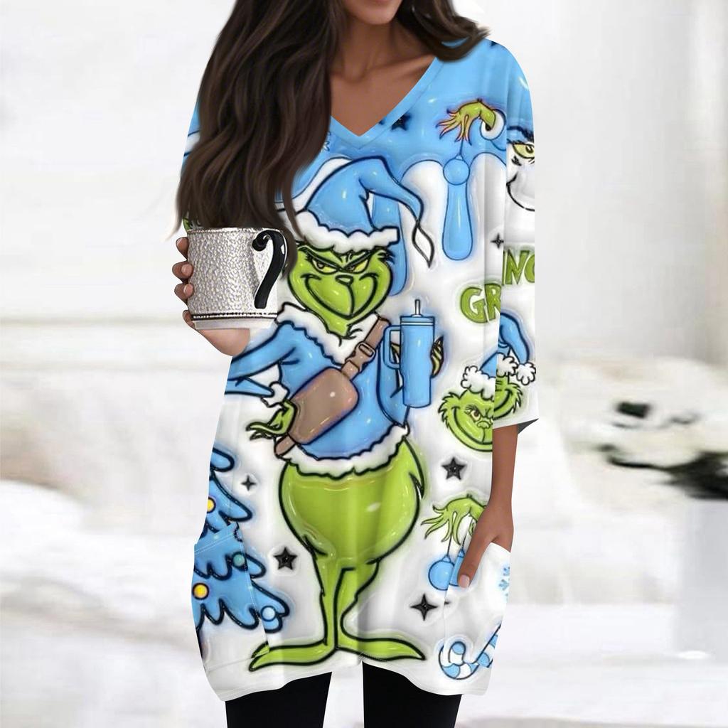 Женские топы с V-образным вырезом и рукавом 3/4, повседневные блузки средней длины, модные туники с рождественским принтом и карманами