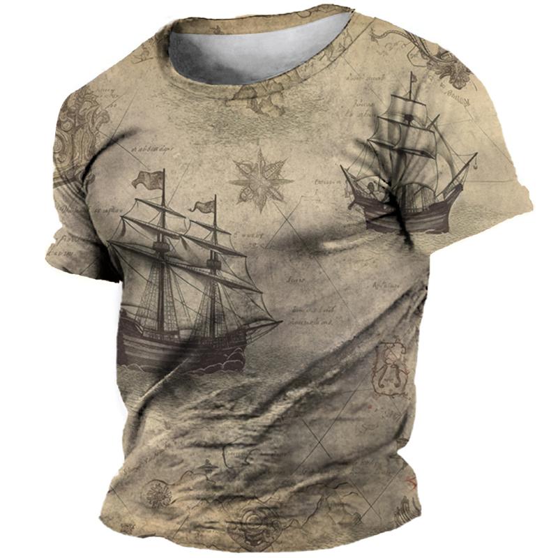 3D Винтажная футболка с принтом компаса для мужчин, топы с коротким рукавом, модная уличная футболка с рисунком корабля, футболка большого размера, мужская одежда