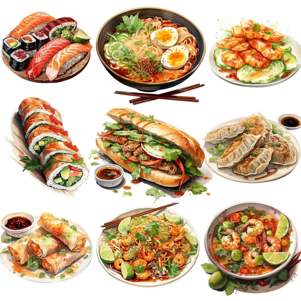 17pcs Cute Self-made Watercolor food sushi Southeast Asian cuisine Scrapbooking Stickers /Decorative /DIY Craft Photo Albums