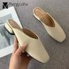 High End Leather Shoes Women Slippers Retro Square Toe Mules Comfy Slip On Loafers Ladies Low Heel Flipflops Outdoor Slides