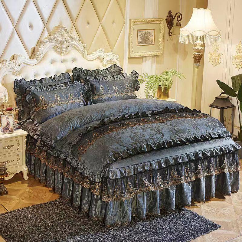 King Size/Queen Size/Twin Size Lace Bed Skirt Quilt Cover Pillowcase Four-piece Set Thickening Warm Bedroom Simple Bedding High Quality Autumn Winter