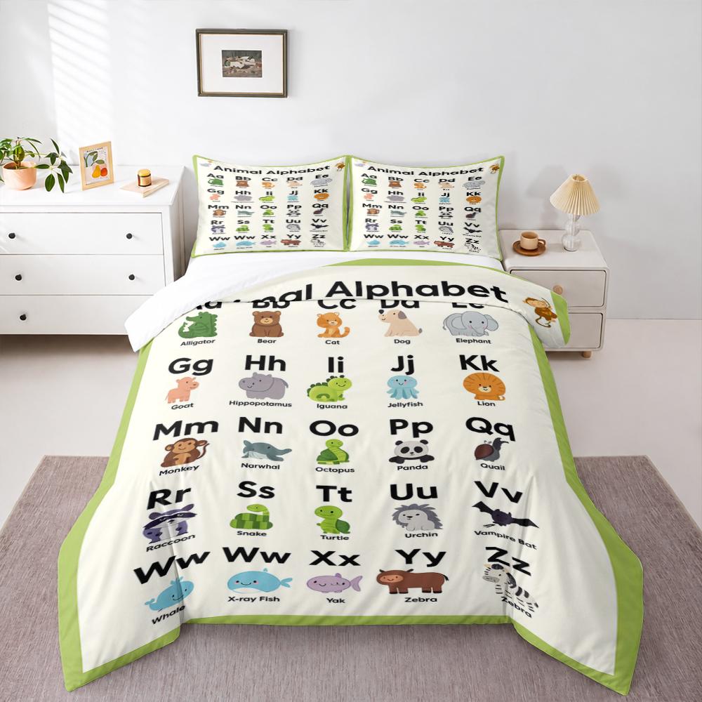 Animal Alphabet ABC Chart Bedding set (1 duvet cover, 2 pillowcases, duvet not included), A to Z Cute Cartoon Animals Art Print