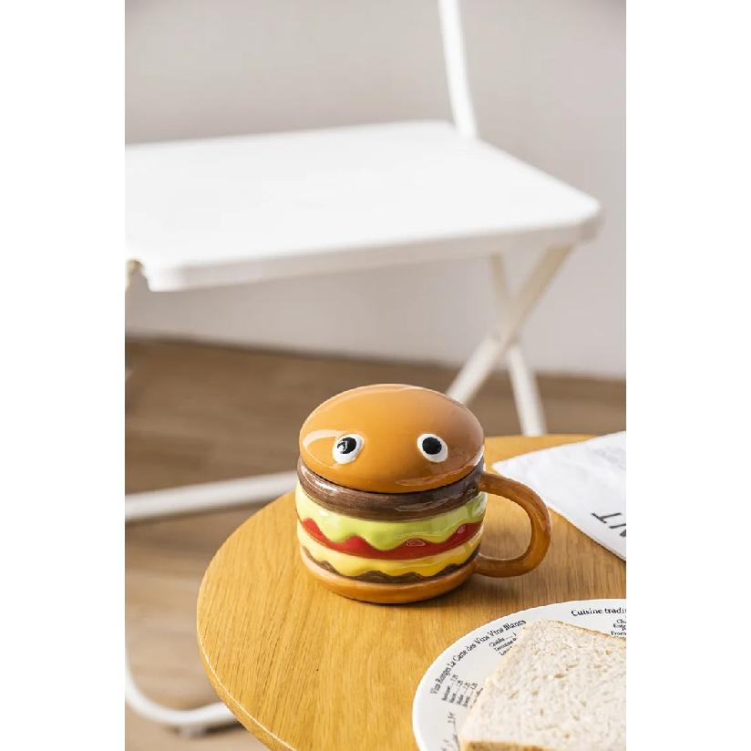 300ML Coffee Mugs Creative Hamburger Shaped Water Cup with Lid Cute and Cute Breakfast Cup Large Capacity Ceramic Hamburger Mug