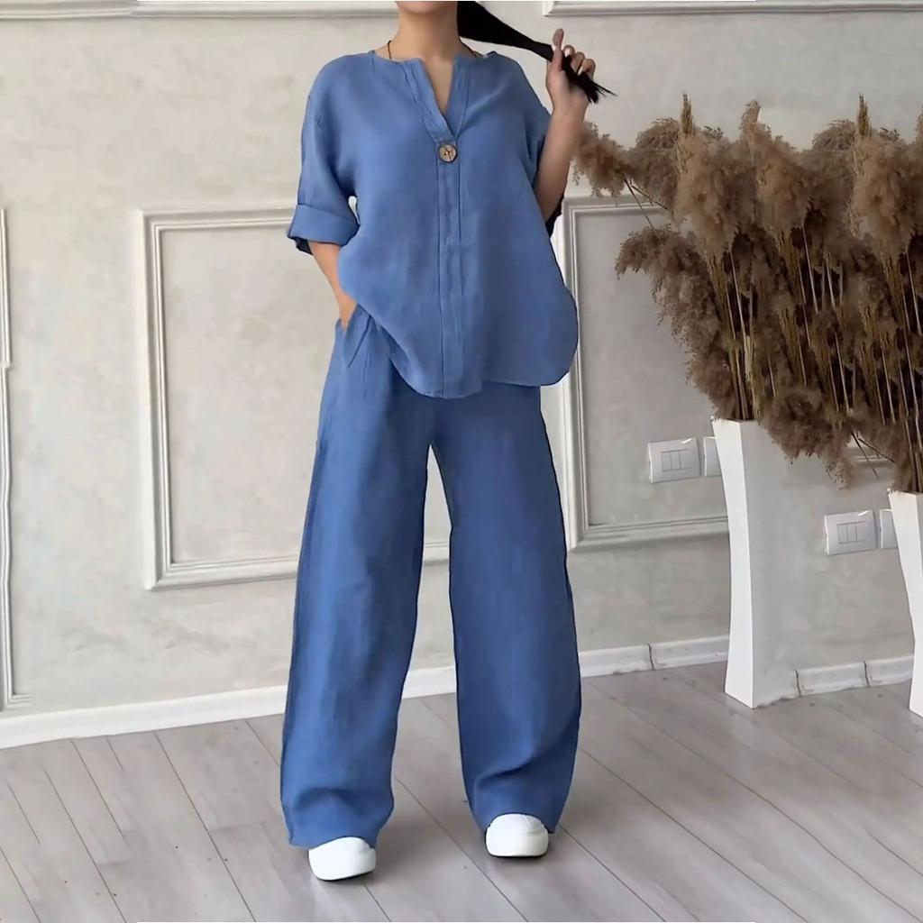 Женский пуловер с круглым вырезом и v-образным вырезом, повседневные длинные брюки из хлопка и льна с длинными рукавами, модный костюм