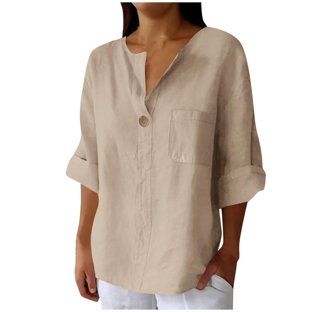 Женская летняя футболка с V-образным вырезом из хлопка и льна на пуговицах, 2025 год.: Loose Fit