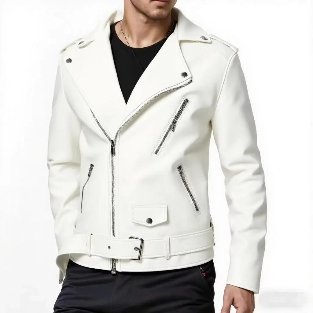 2026 Весна Осень Мужские Кожаные Куртки Мотобайкерские Мужские Корейский Узкий Крой Отложной Воротник Пу Кожаные Пальто Мужская Мотоциклетная Куртка