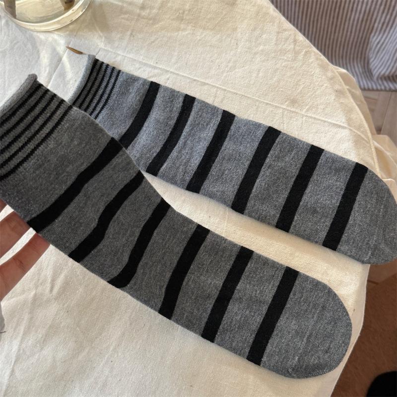 Mulberry, Silk, Cotton, Wool Socks, Winter Striped Boneless Socks, Mid-calf Socks, Striped Socks for Women