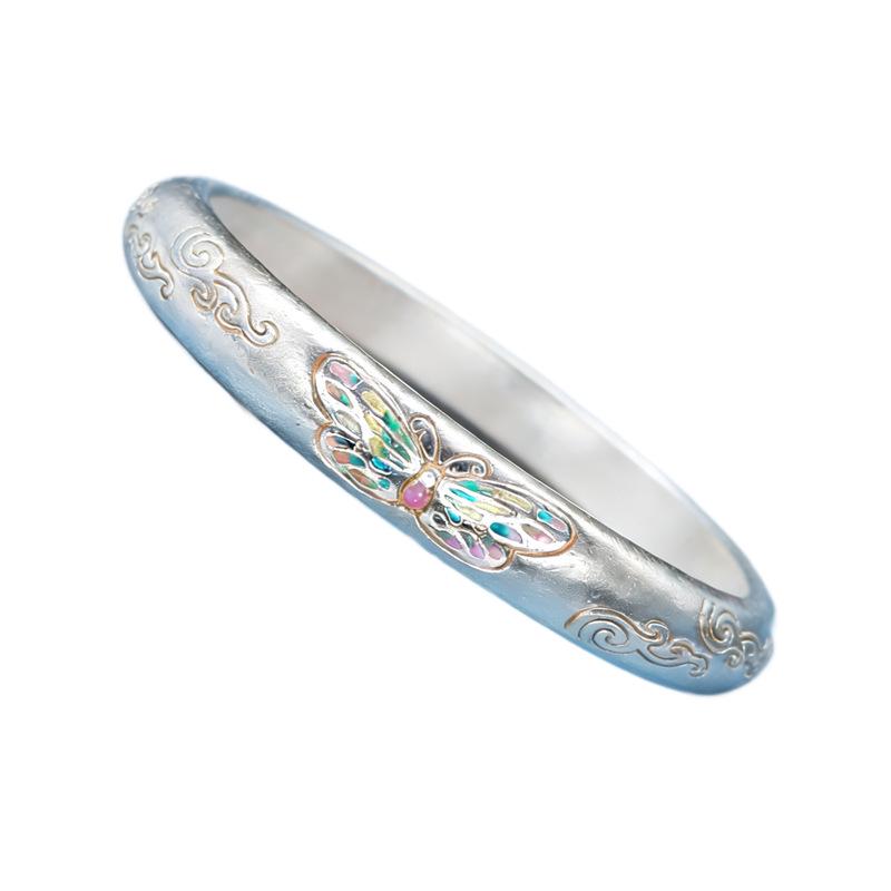 Women's Gold-Painted Enamel Butterfly Bracelet - 999 Sterling Silver Open Bangle, Chinese Style Niche Design