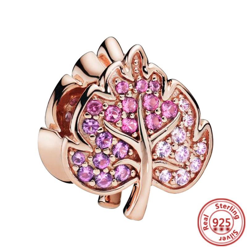 Hot Sale Rose Gold Series Pink Zircon Leaves Heart Pendant Sparkling Clip Bead Fit Charm Bracelet DIY S925 Silver Jewelry