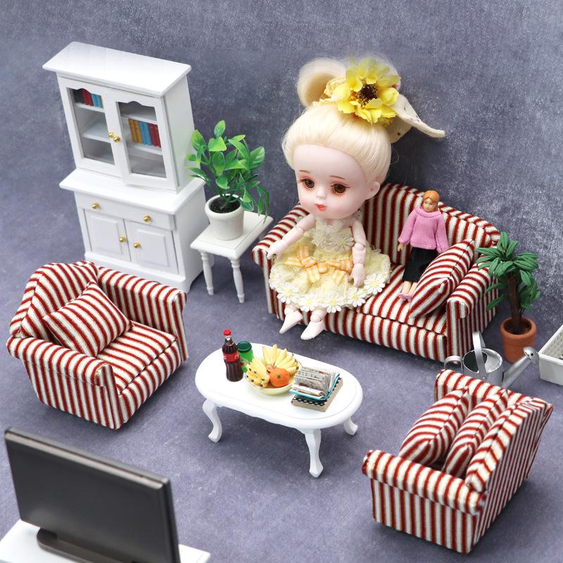 1:12 Dollhouse Miniature Living Room Sofa Set: Gold Trim & Red Stripe Sofa with Throw Pillows