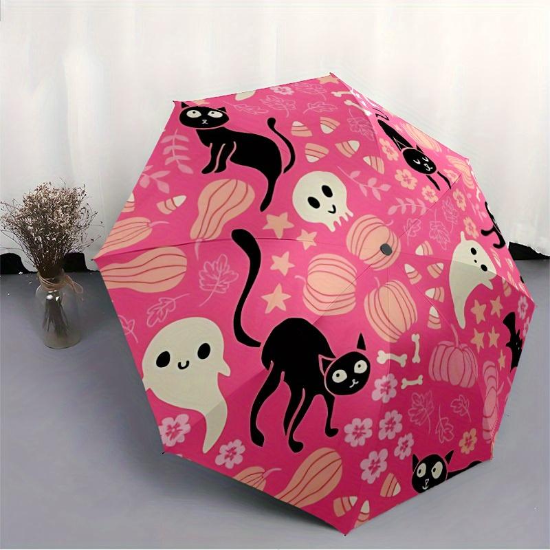 1pc Halloween Cats Automatic Open/close Folding Compact Cute Umbrella, 8-Rib Sturdy Canopy, Lightweight Portable, Everyday Use, Gift,048