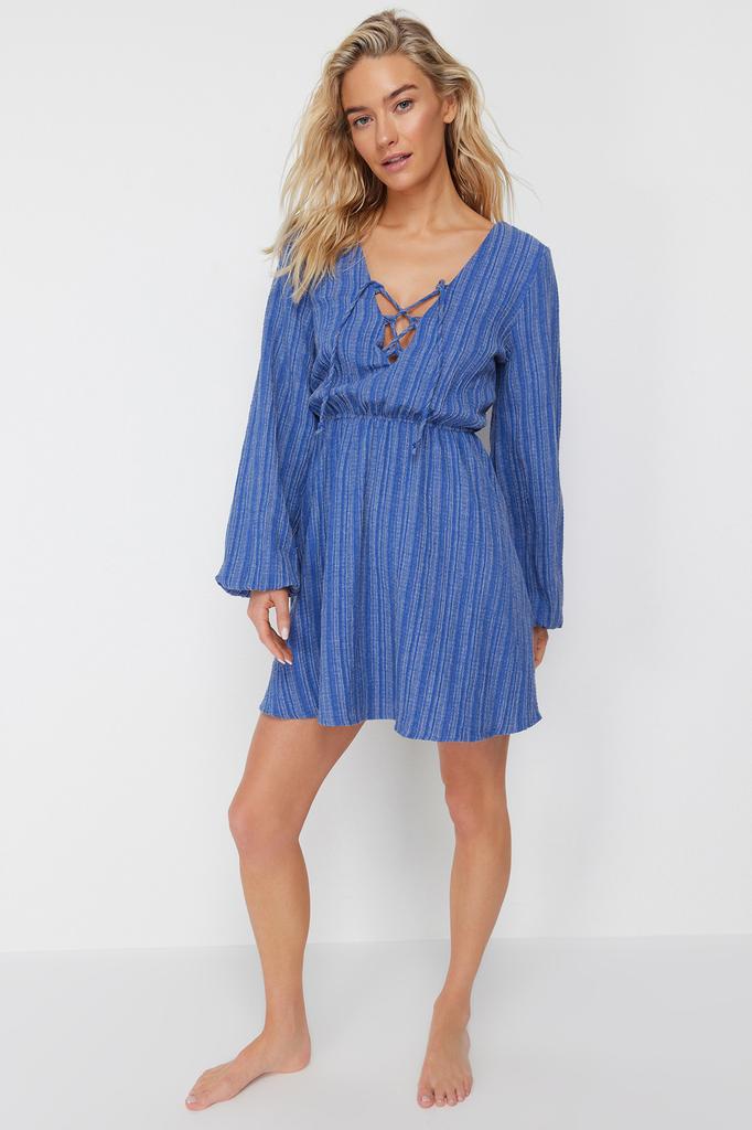 Women's Fashion New Dress Black Mini Woven Tie-Up Linen Blend Beach Dress