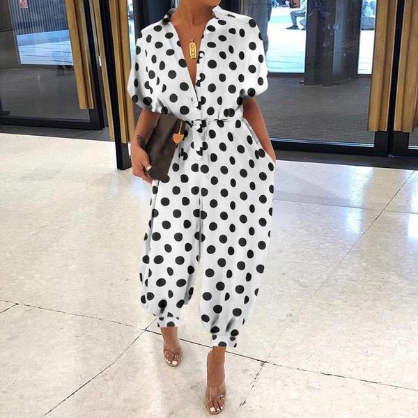 Комбинезоны, женские комбинезоны с короткими рукавами в горошек, повседневные свободные комбинезоны с воротником с лацканами и карманами, летние шаровары