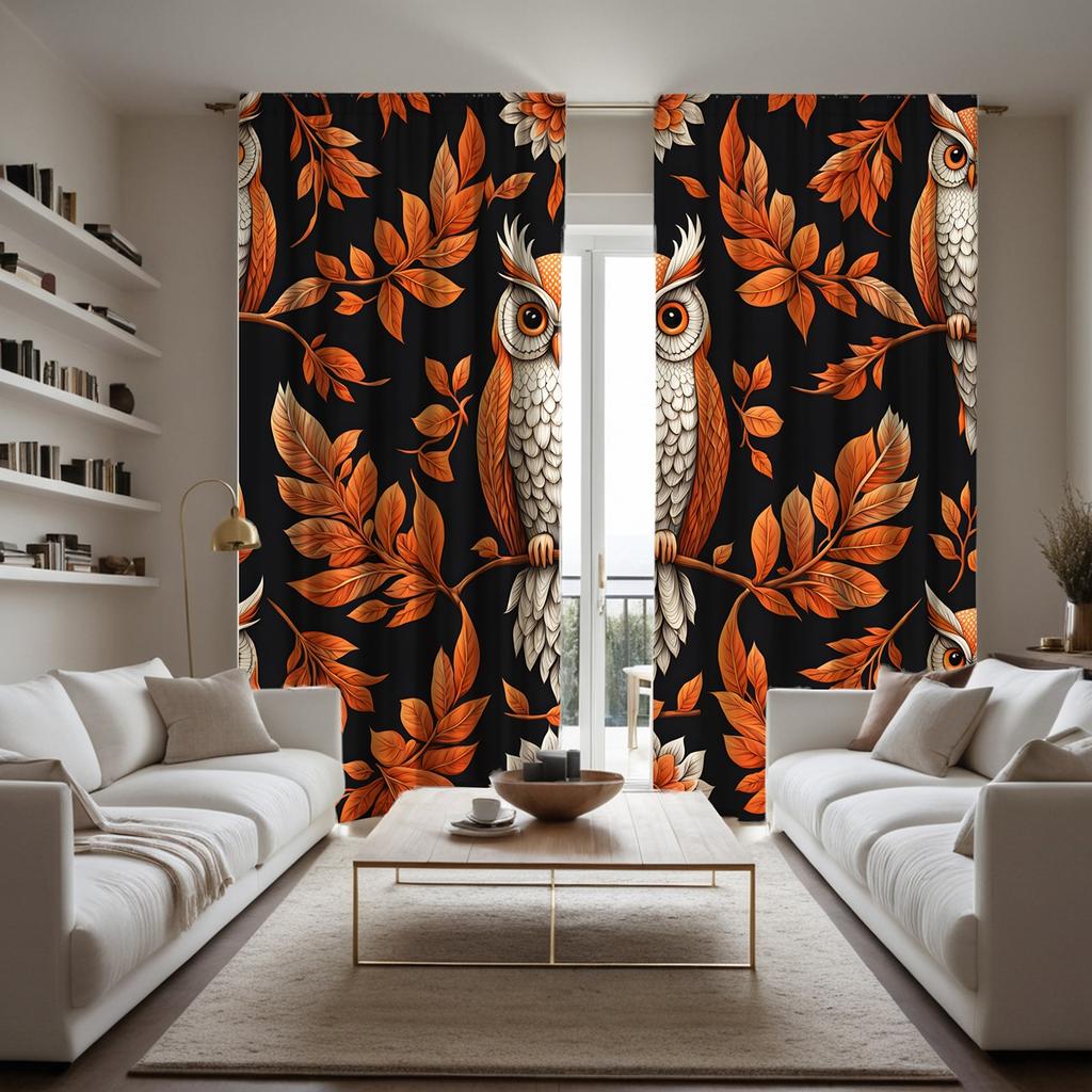 2 Pieces of Owl Decorated Curtain On HD Maple Leaf Branch Black Tie Digital Printed Curtain Home Decoration Style Decorated Livi