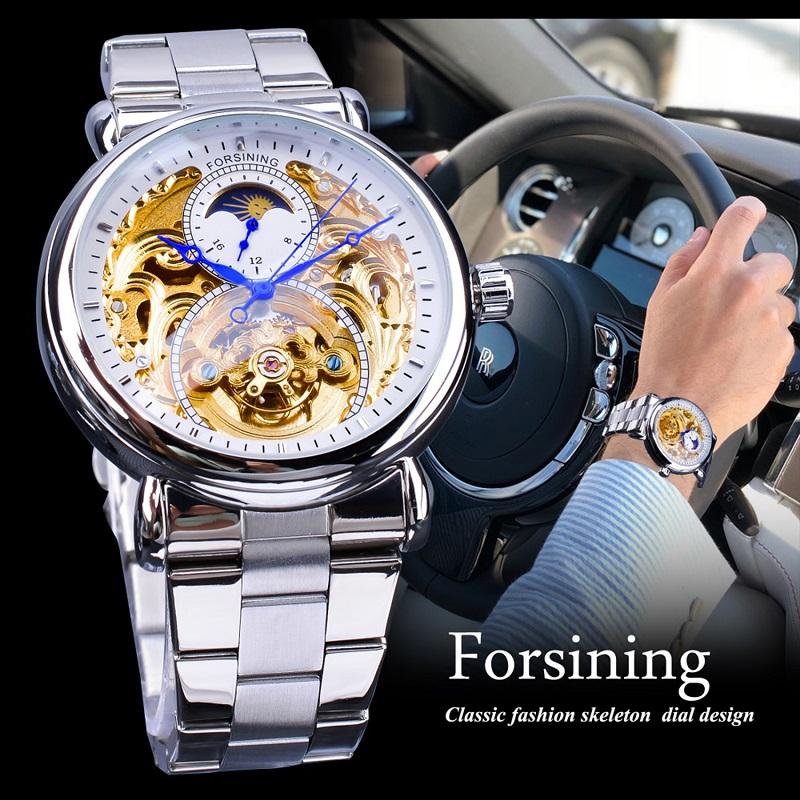 Forsining Мужская мода, отдых, полая луна и механические часы с полой поверхностью