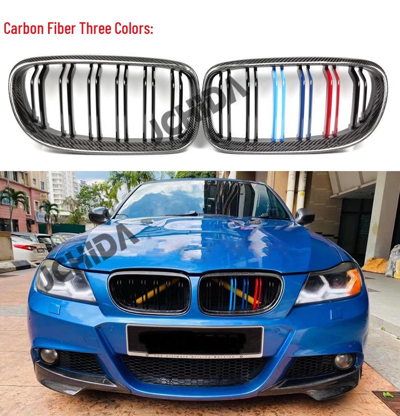 BMW 3 Series E90 Late Model Front Grille in Bright Black, Tri-color, or Carbon Fiber for Car Modification