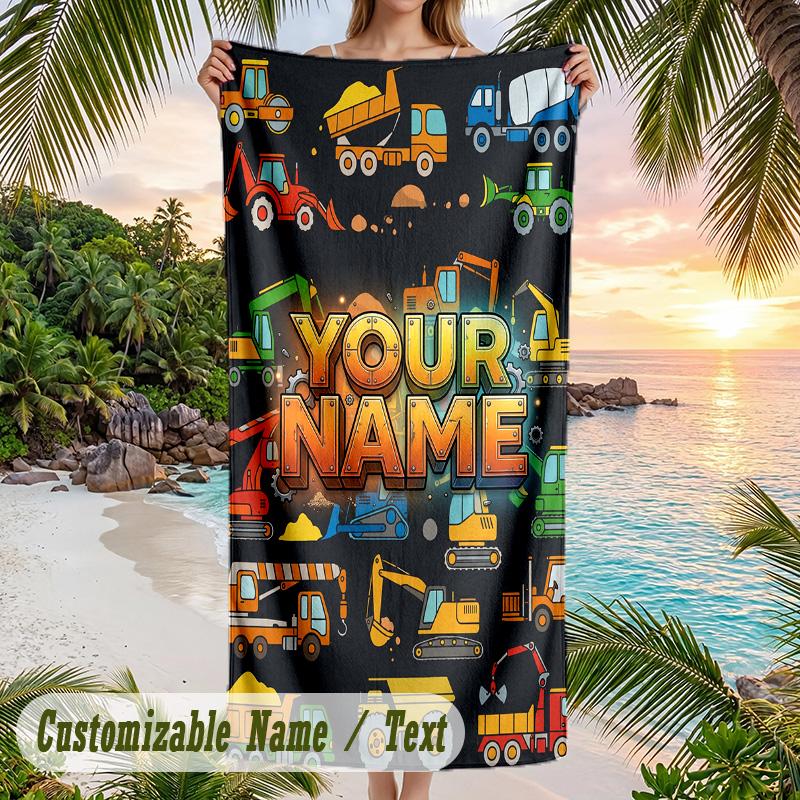 Construction Vehicles Theme Beach Towel Personalized Custom Name & Text Soft Quick Dry Beach Towel for Swimming Travel