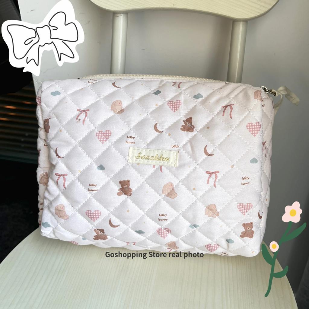 Cute Pink Women's Cosmetic Bag Make Up Case Quilted Cotton Travel Storage Bags Portable Wash Bag Clutch Purse Handbags Mommy Bag