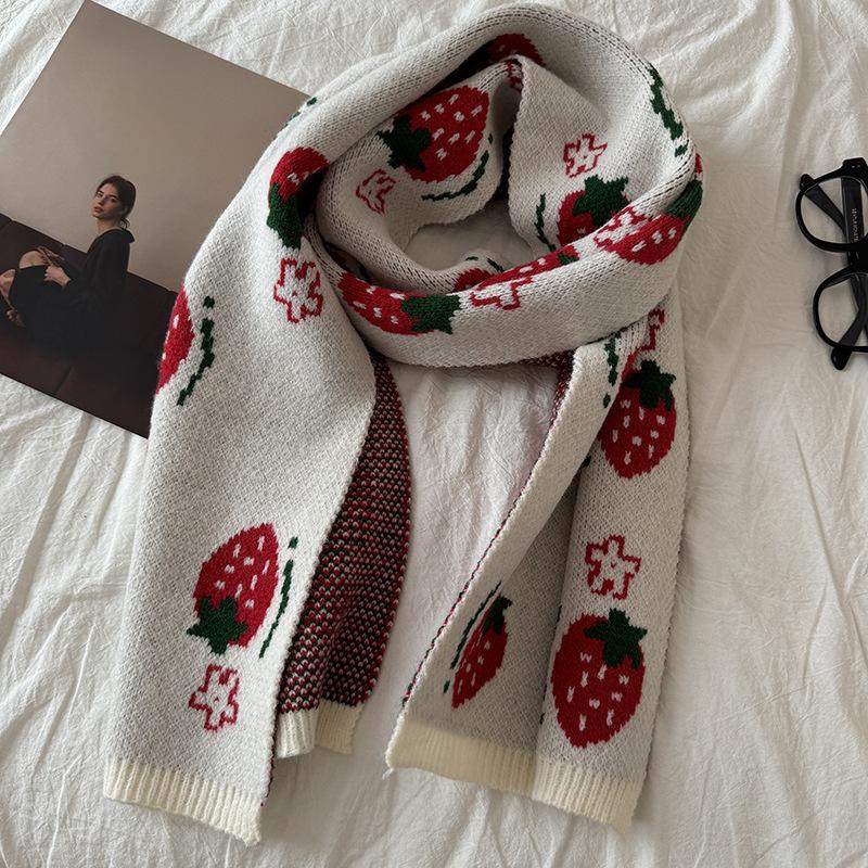 New Year Green Strawberry Christmas Scarf Women's Winter Atmosphere Korean Style Versatile Shawl Warm Long Knitted Scarf